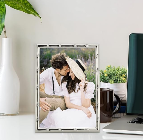 Bamboo detailed design silver metal photo frame