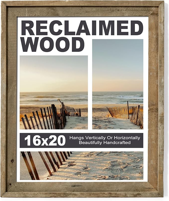Rural style poster frame measuring 40.64 x 50.80 cm, featuring a recycled barn wood frame with high-definition tempered glass