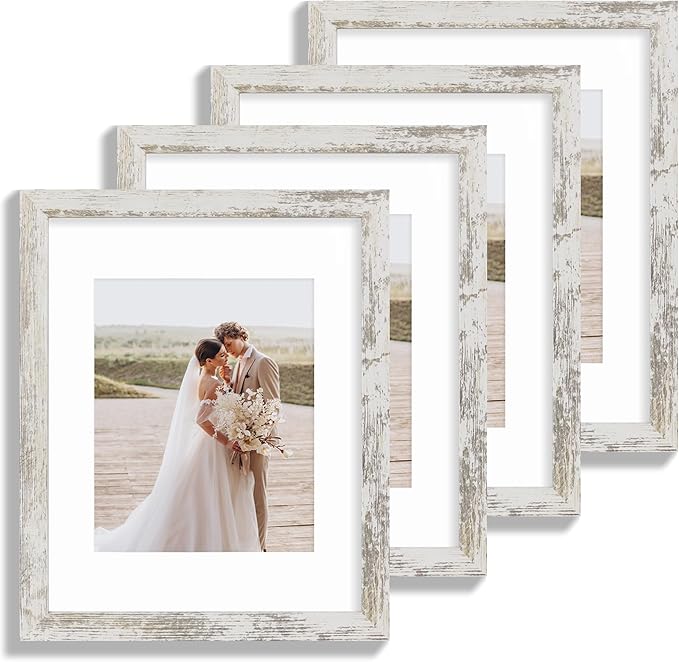 27.94 x 35.56cm photo frame 4-piece set, made of glass and distressed white wood frame, displaying 20.32 x 25.40cm photos with padding or 27.94 x 35.56cm poster without padding, for wall installation, gallery photo frame