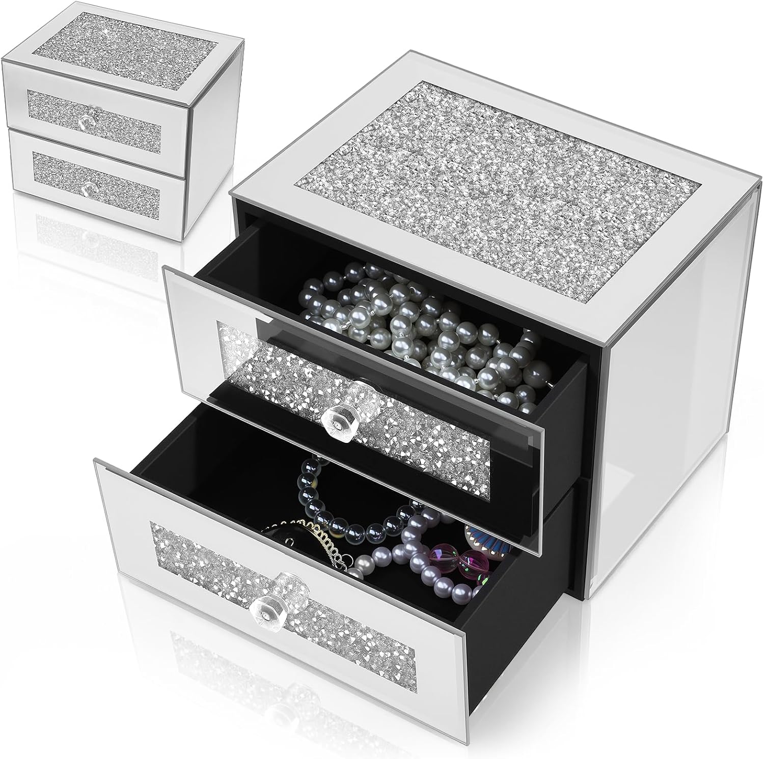 Silver Jewelry Box 2 Layer Glass Box for Women Mother's Day Crystal Jewelry Organizer Storage Luxury Necklaces Earrings Rings Bracelets Organizer for Mom Gift Decoration