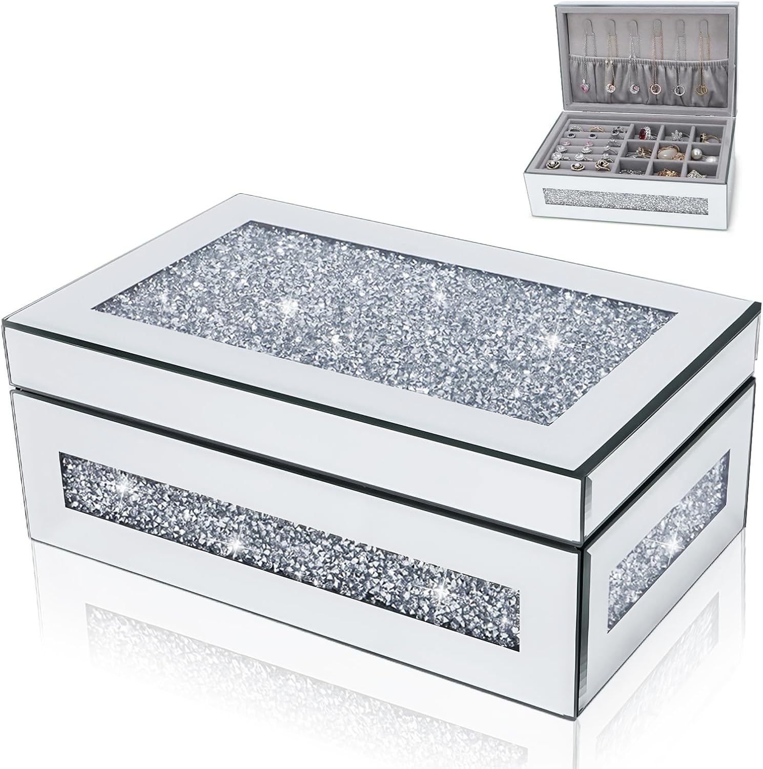 Glam Rhinestone Crystal Silver Glass Jewelry Box, Sparkly Blinged Out Mirror Jewelry Box for Women, Elegant Jewel Box for Romantic Gifting & Decorative Storage