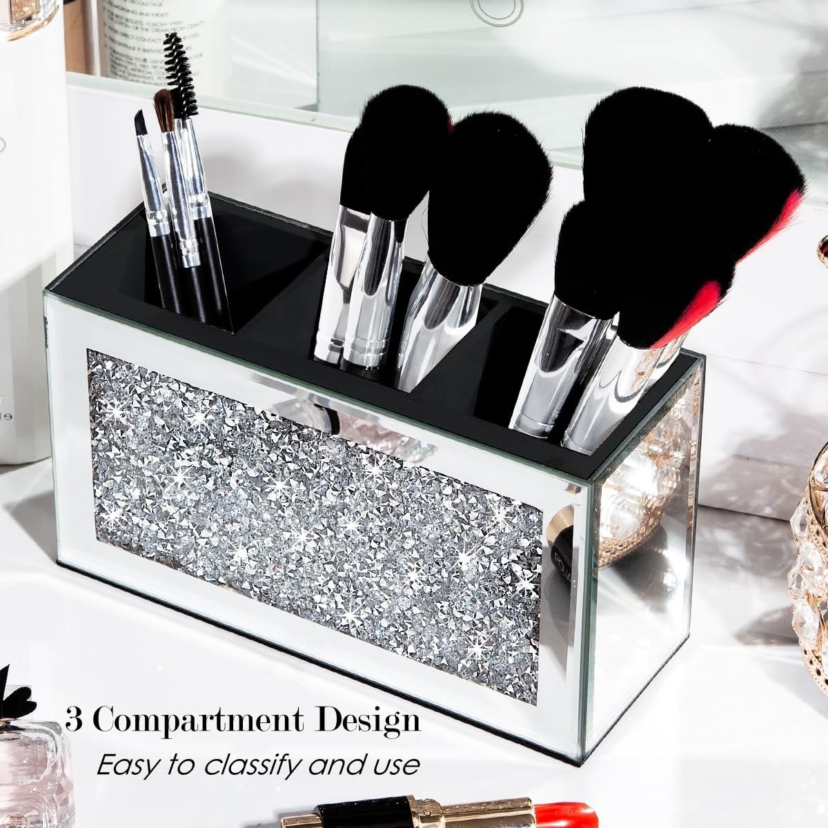 Mirrored Makeup Brush Holder Organizer, 3 Slot Glass Cosmetics Brushes Storage Holders with Crystal Crushed Diamond, Cute Pen and Pencil Holder for Desk, Eyeliners Display Case for Vanity