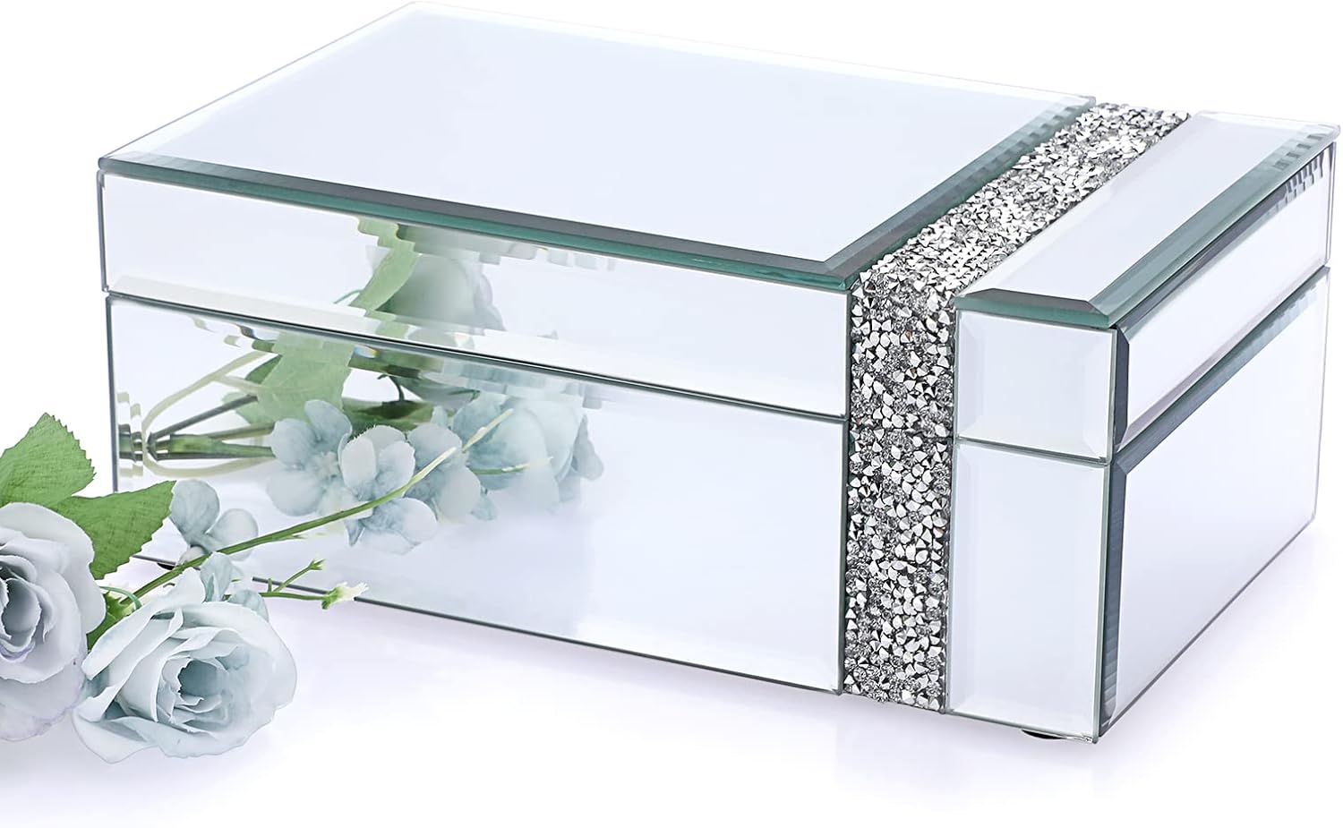 Glass Mirrored Jewelry Box with Crushed Diamonds Strip Decor, Luxury Trinket Box Organizer Decorative box Treasure Chest Keepsake Box for Women Girls Gift