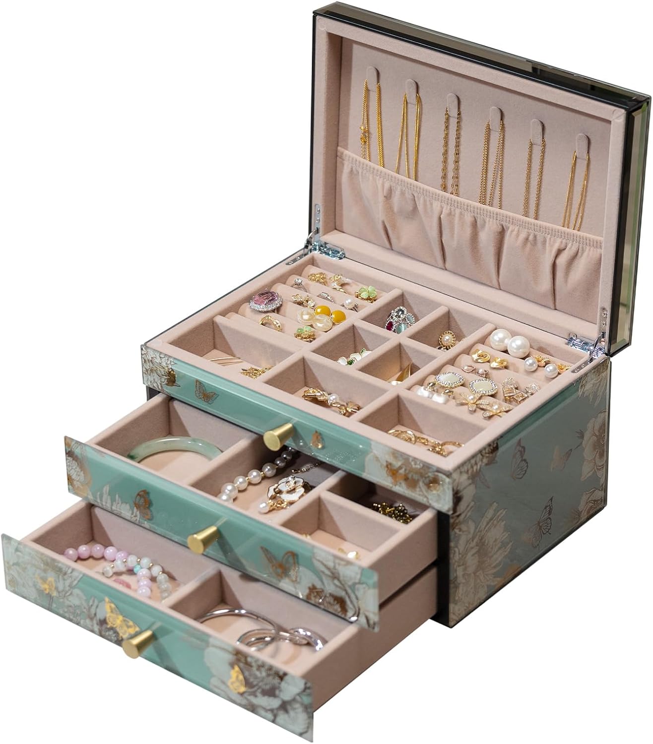 Glass Jewelry Box With Butterfly & Flower Patterns, 3-Tier Organizer for Women Girls,Jewelry Gift Decorative Boxes, Tabletop Organizer For Earring Necklace,Gift For Women,Gift For Mom
