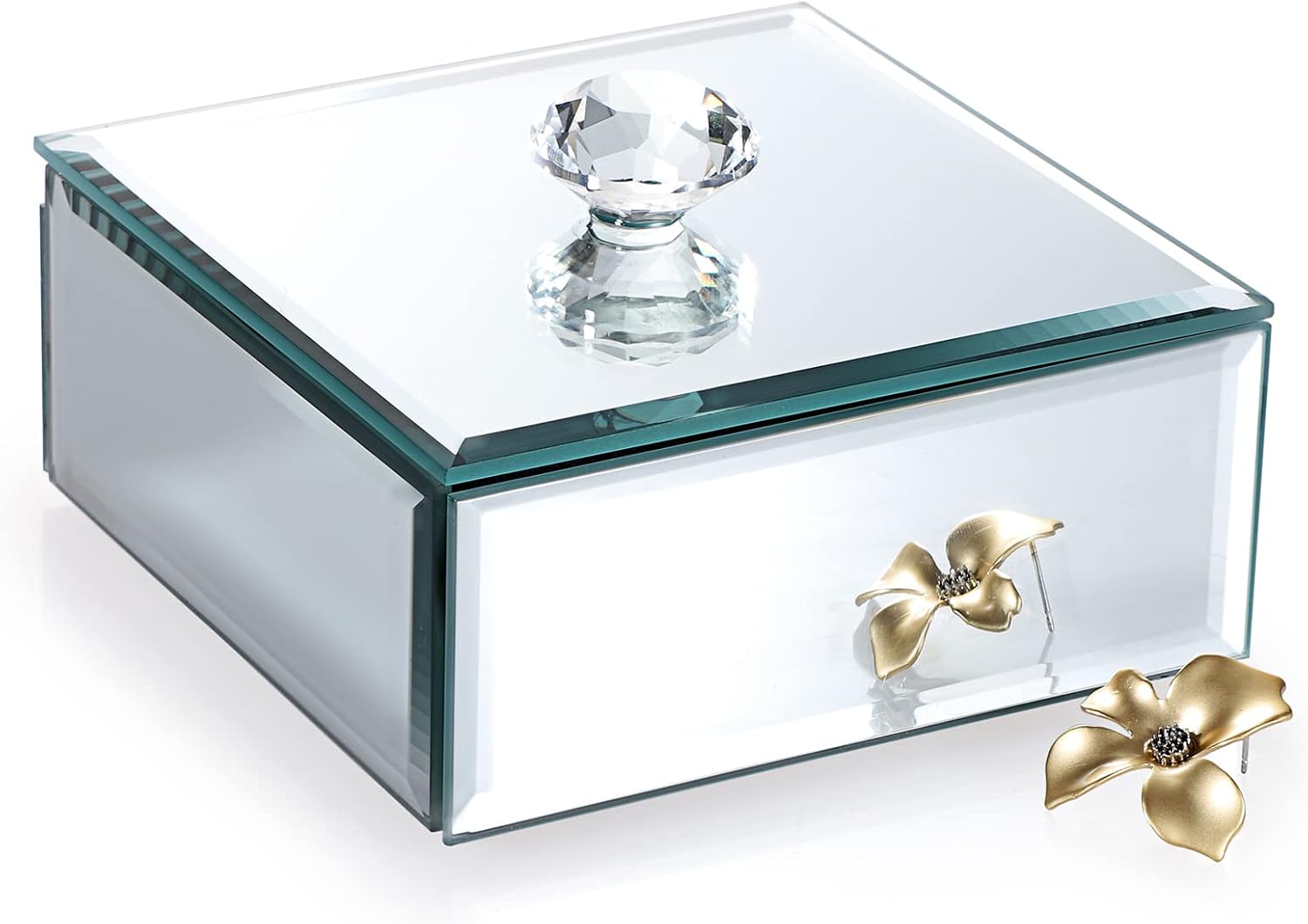 Silver Glass Mirrored Jewelry Box with Crystal Handle Square Trinket Organizer Treasure Chest Case Classic Keepsake Box for Storage Rings Earrings Necklace Bracele (Small, Silver)