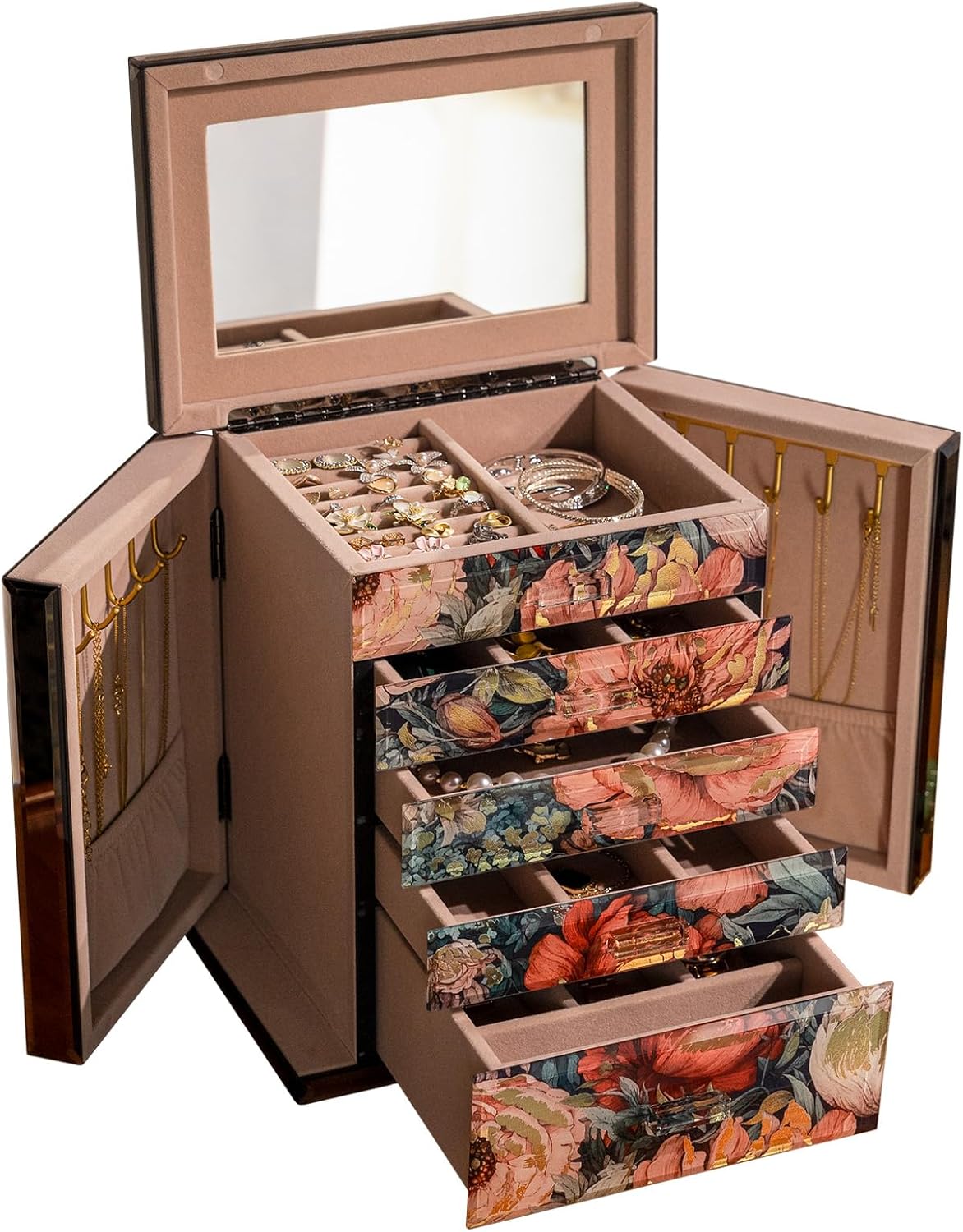 Glass Vintage Painting Jewelry Box,5-Layer Storage Case,Art Desktop Decorations Gift for Women,Jewelry Organizer For Necklaces Rings Earrings Bracelets,Gift For Women,Gift For Mom
