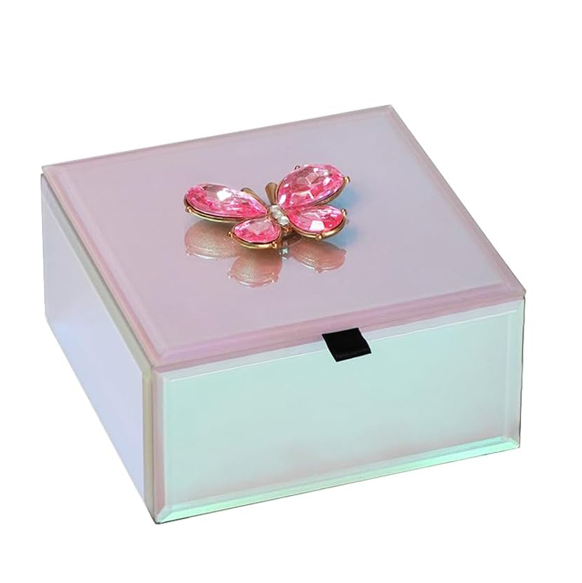 Handcrafted Glass Jewelry Box for Women, Vibrant Gradient Pink with Crystal badge Jewelry Organizer Box, Jewelry Holder for Earring, Ring, Necklace, Gift for Mother's Day Valentine Chrismas day