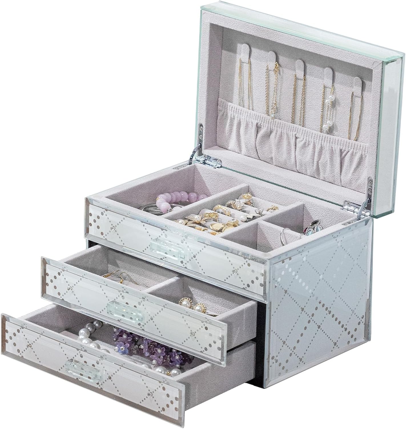 Glass Jewelry Box,Plaid & Sparkling Diamonds, 3-Tier Organizer for Women Girls,Jewelry Gift Decorative Boxes,Tabletop Organizer For Earring Necklace,Gift For Women,Gift For Mom