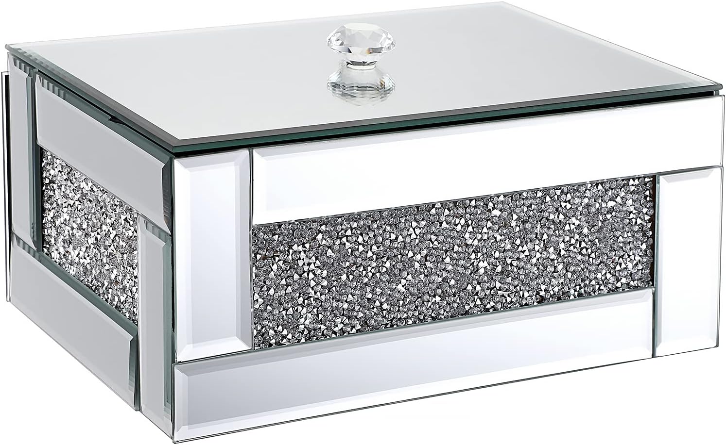Glass Mirrored Jewelry Box with Crushed Diamond Decor, Trinket Organizer Box Luxury Rings Earrings Necklace Storage Keepsake Box Treasure Chest Case, Silver Large Size