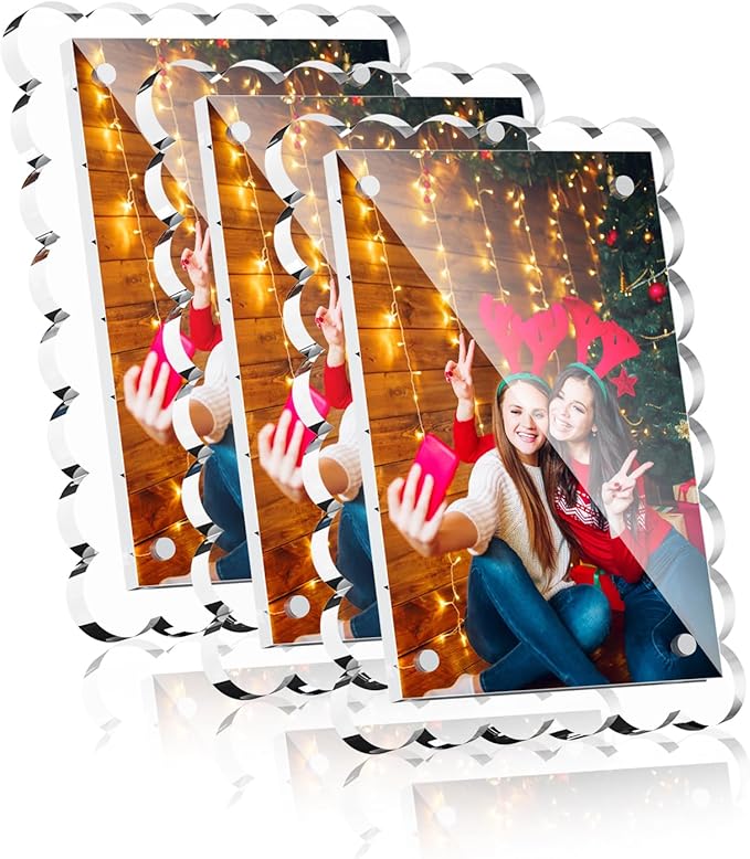 Clear Acrylic Picture Frames with Scalloped Edges, 3-Pack Magnetic Frame with Stand for Horizontal or Vertical Display, Tabletop or Desk Photo Holder