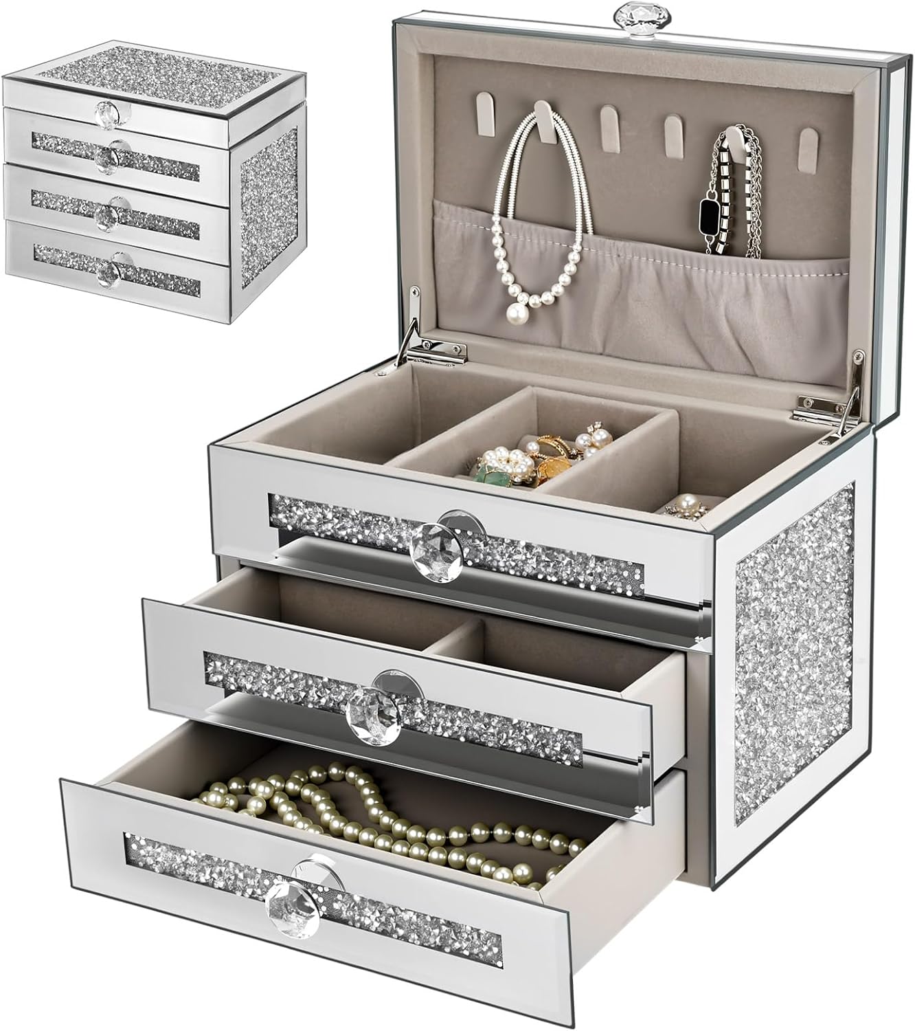 Glass Mirrored Jewelry Box for Women 3 Layer 2 Drawer Crushed Diamond Jewelry Box Crystal Silver Necklace Ring Earring Storage Organizer Sparkly Blinged Gifting and Decorative Storage for Her
