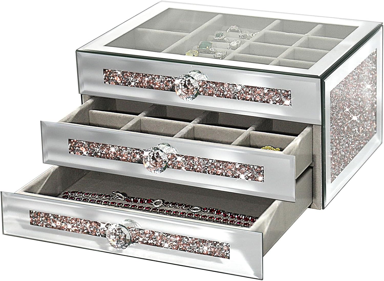 Mirrored Jewelry Box for Women,Glass Lid Jewelry Organizer with 3 Drawers for Necklaces Rings Earrings Bracelets,Pink Crushed Diamond Home Decor(7.6" D x 10.5" W x 5.5" H)