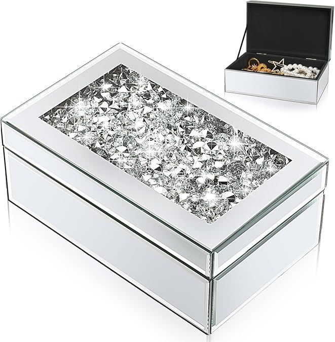 Luxury Silver Crushed Diamond Glass Mirrored Mirrored Jewelry Box Organizer Storage for Women Jewelry Ring Luxury Organizer Box