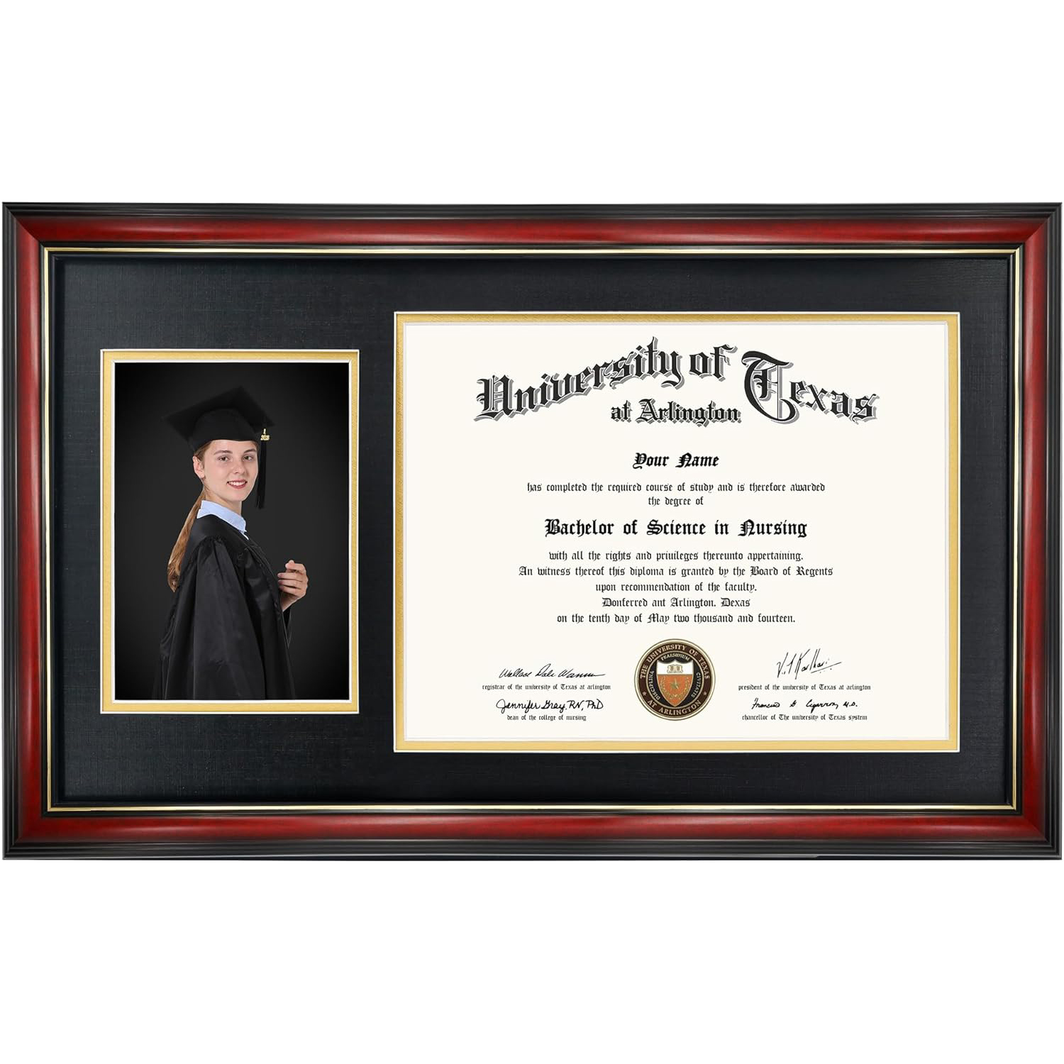 GraduationMall 11x19 Cherry Diploma and Photo Frame for 8.5x11 Certificate,5x7 Picture,Tempered Glass,Black over Gold Double Mat