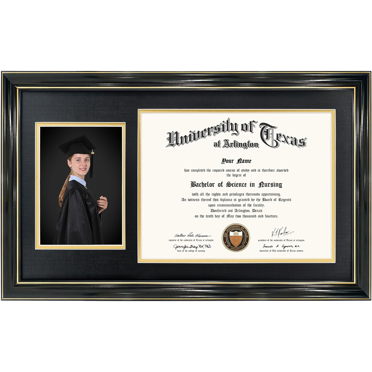 GraduationMall 11x19 Black Diploma and Photo Frame for 8.5x11 Certificate,5x7 Picture,Tempered Glass,Black over Gold Double Mat