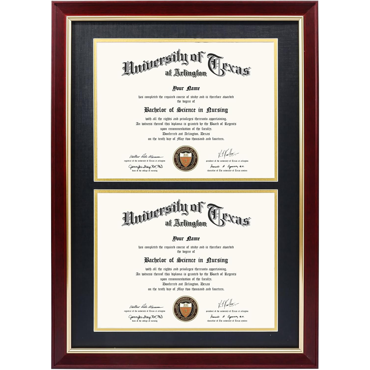 Double Diploma Frame for Two 8.5x11 Certificates with Black over Gold Mat, Solid Wood, UV Protection Acrylic, Cherry Finish with Gold Trim