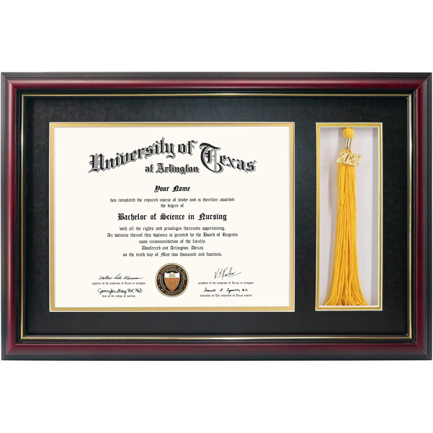 11x17 Cherry Wood Diploma Frame with Tassel Holder for 8.5x11 Certificate Document,Real Glass,Black over Gold Mat
