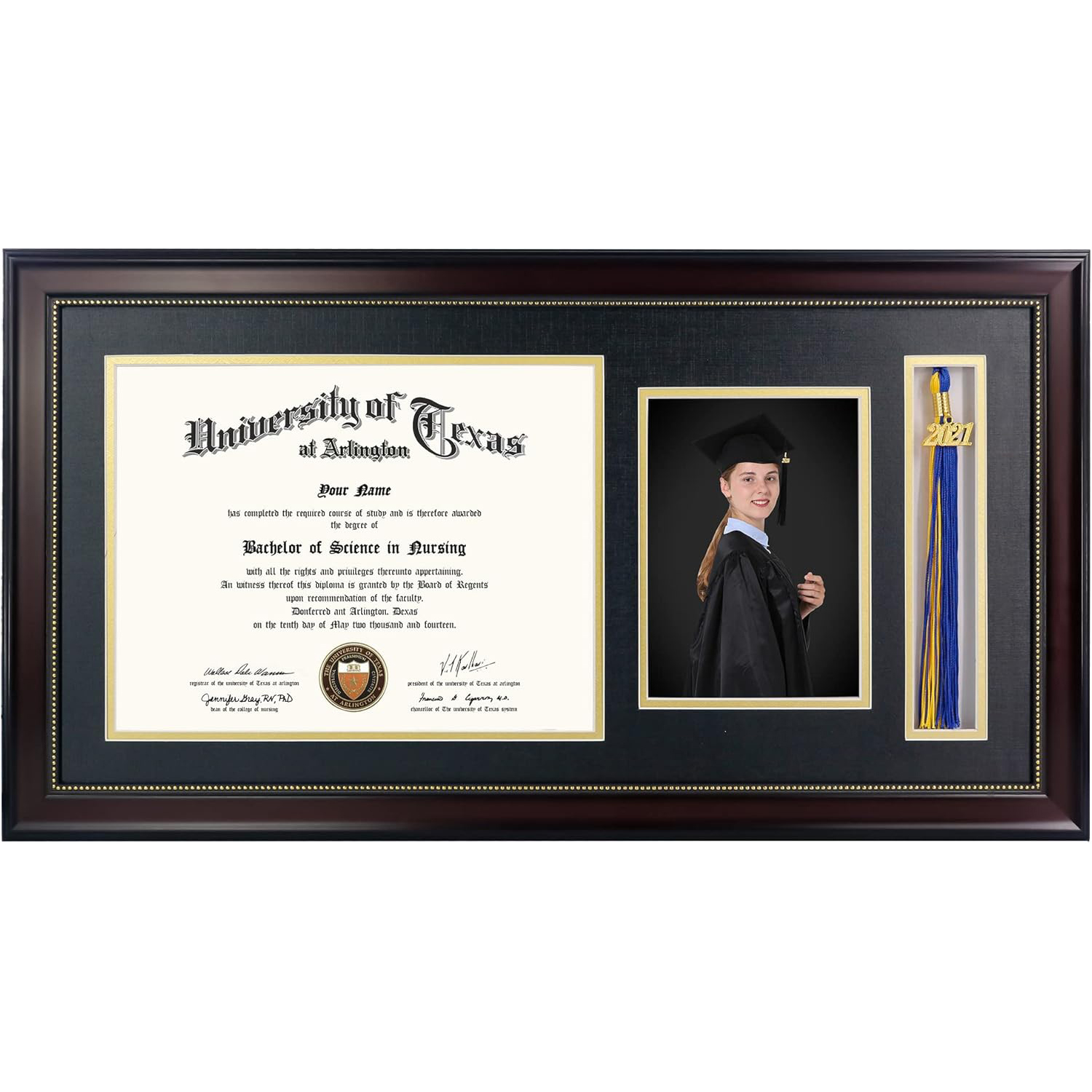 11x22 Mahogany Diploma Frame with Tassel Holder and Picture for 8.5x11 Certificate 5x7 Photo,Real Glass,Black over Gold Mat