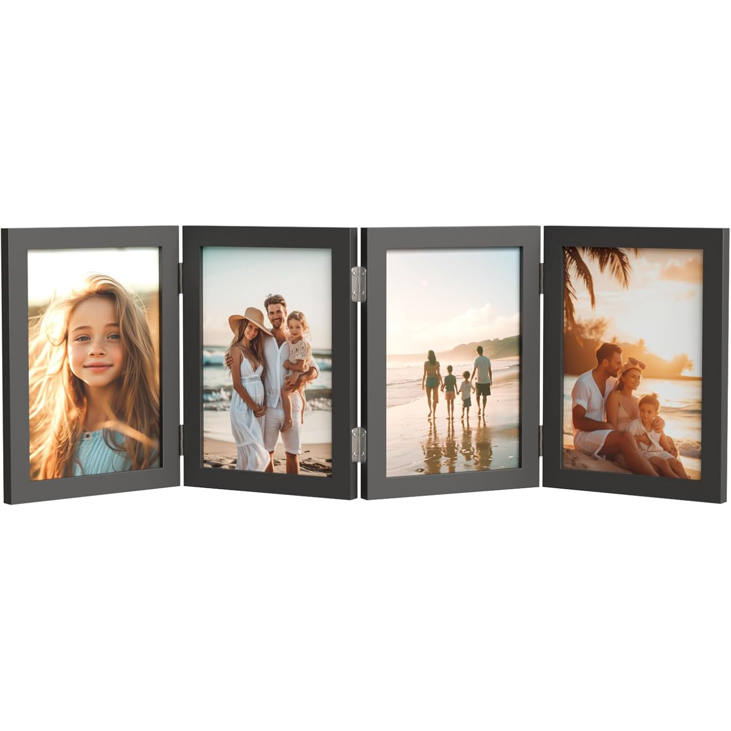 WARM&LOVE 4 Picture Frame, 4x6 Four Folding Hinged Photo Frames, Rustic Wood Desk Family Photo Collage Stand Vertical on Tabletop for Birthday Family Lover Gift