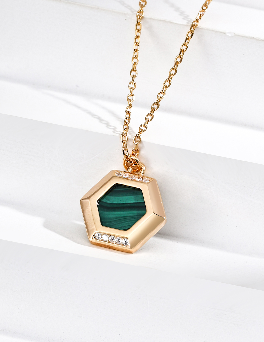 925 Sterling Silver Vintage Malachite Zircon Honeycomb Hexagonal Pendant Necklace N0650-2