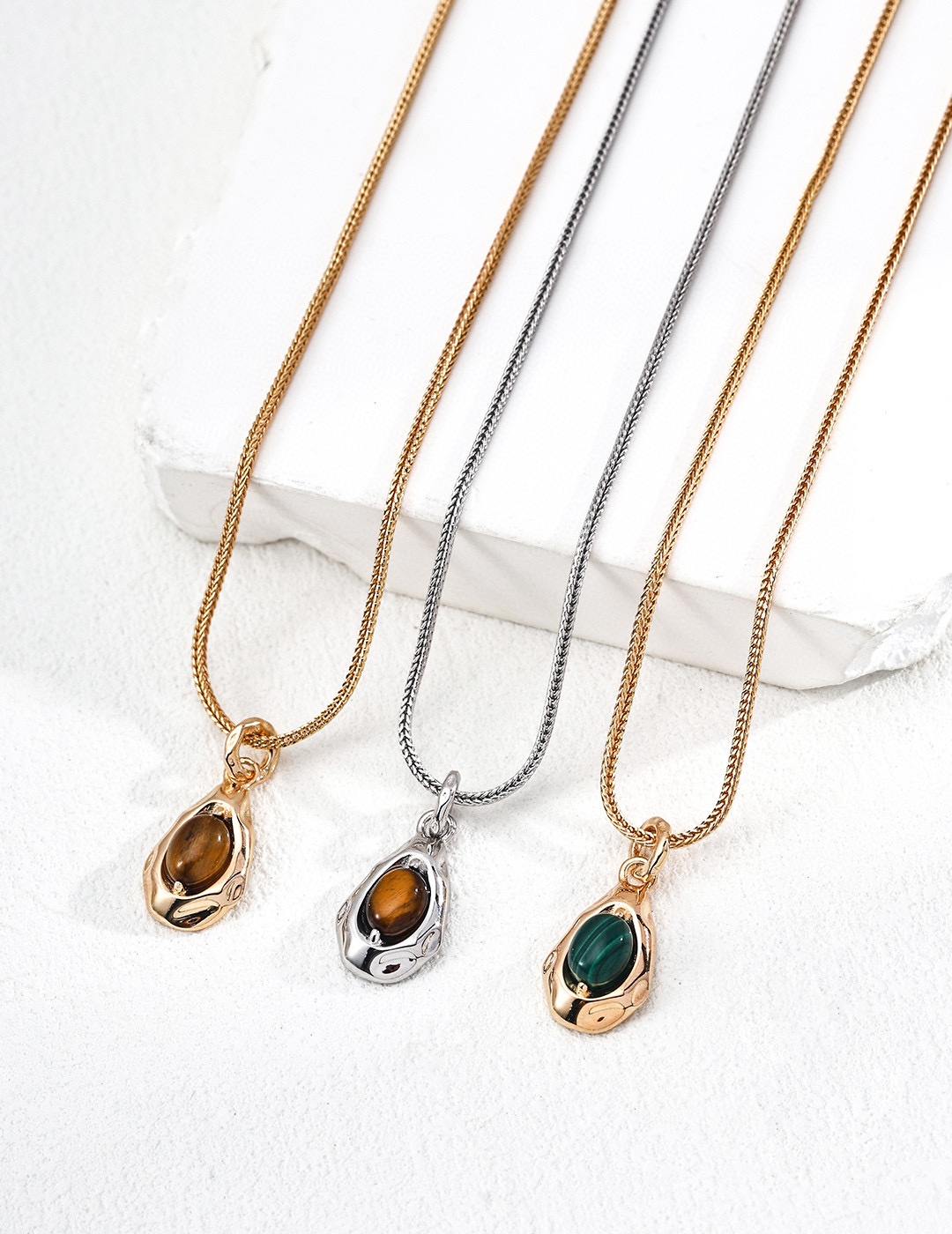 925 Sterling Silver Natural Tiger's Eye and Malachite Teardrop Pendant Necklace N0602