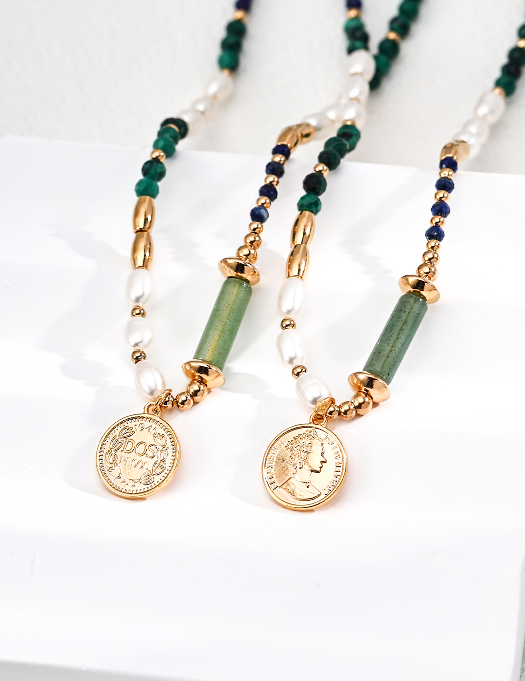 925 Sterling Silver Natural Pearl Malachite Lapis Lazuli Pendant Round Necklace N0649-2