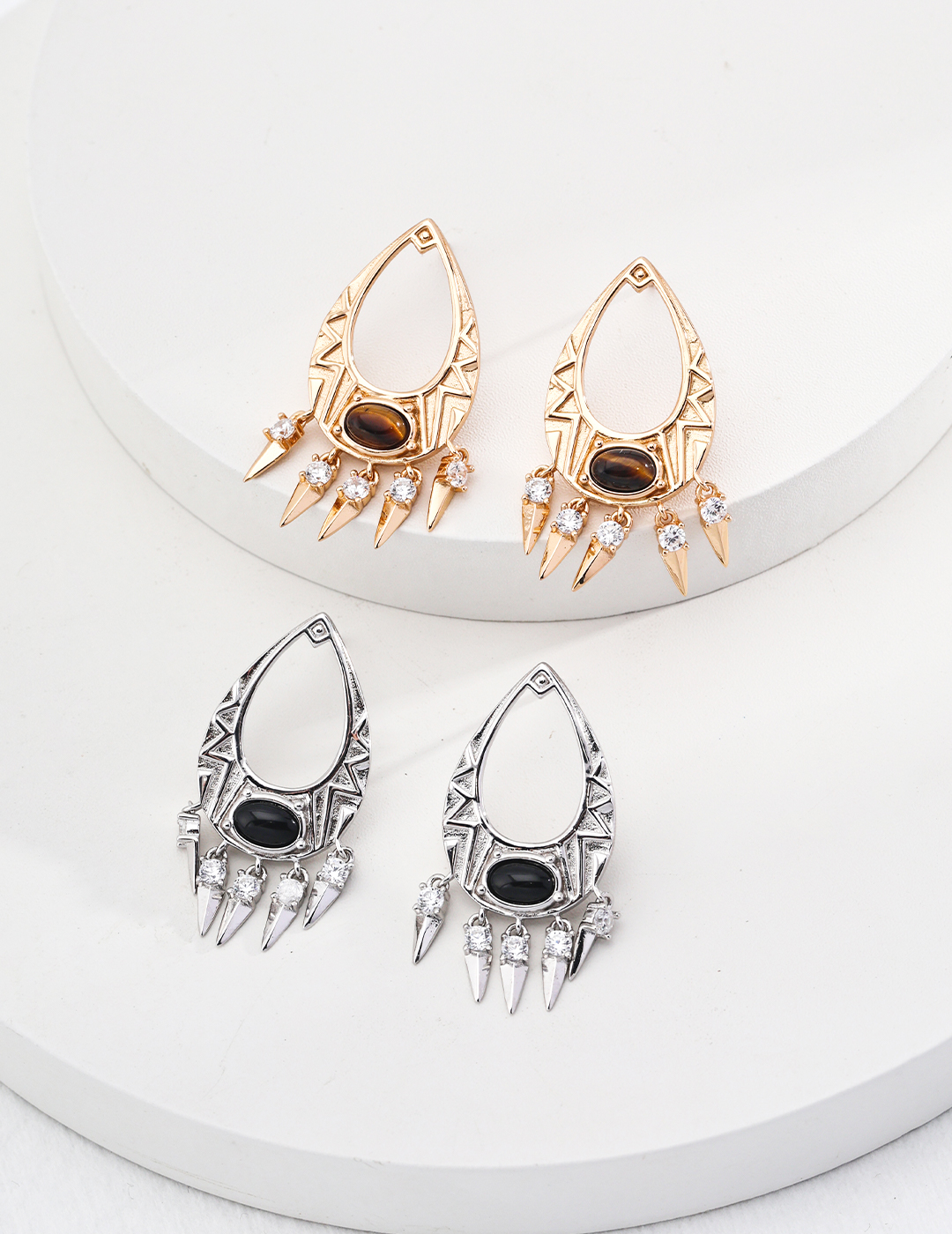 925 Sterling Silver Vintage Tiger's Eye/Black Agate Zirconia Pendant Earrings E01161