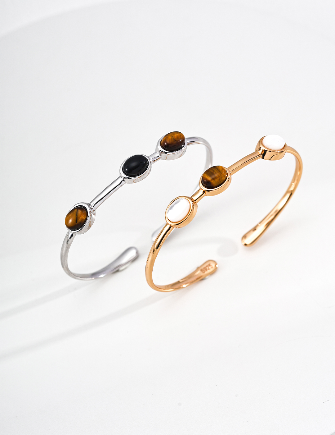 925 Simple Tiger's Eye Mother-of-Pearl Black Agate Adjustable Open Bangle B0058