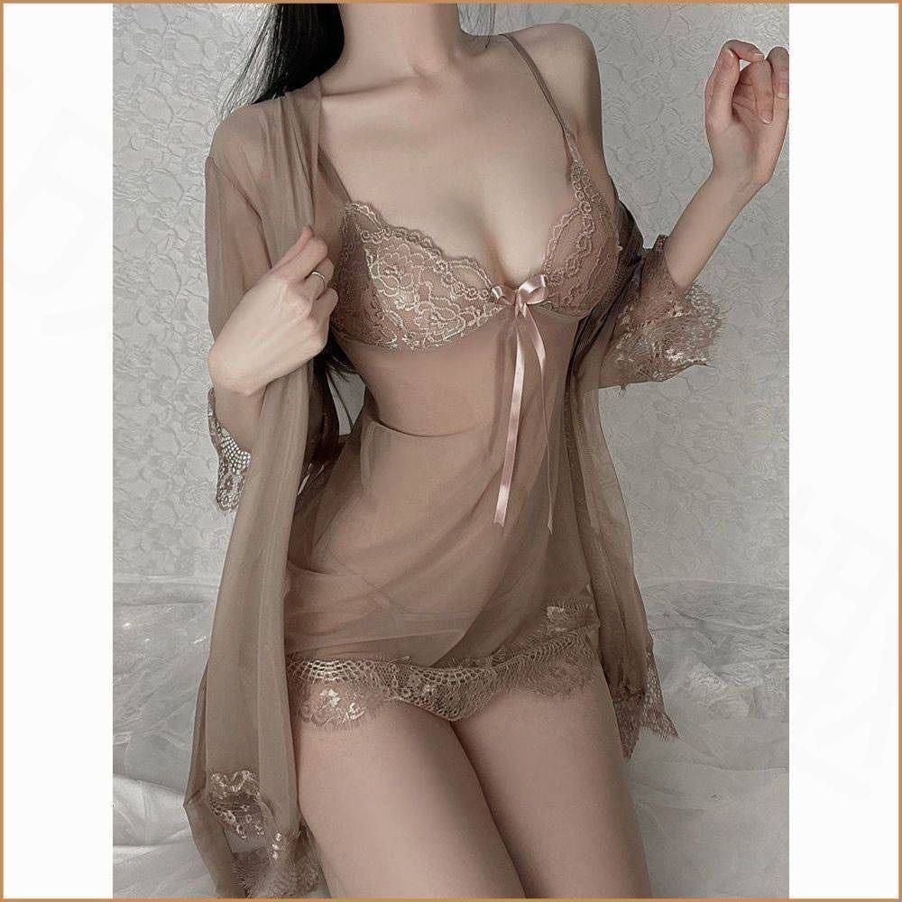 Midnight Whisper™ Sheer Lace Babydoll – Deep V Mesh Sleepwear with Matching G-String
