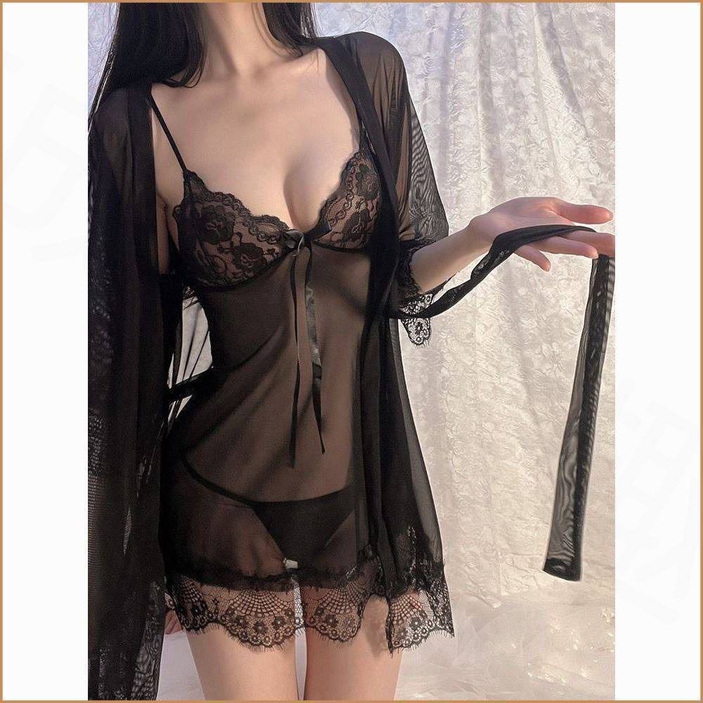 Midnight Whisper™ Sheer Lace Babydoll – Deep V Mesh Sleepwear with Matching G-String