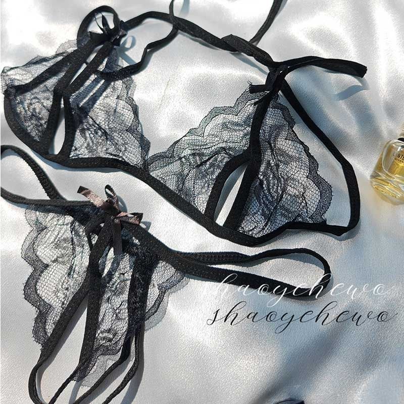 Lace lingerie for women, seductive and alluring, see-through, lace-up, bow-tie, open-crotch lace thong, hot suit/uniform.