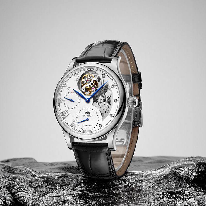 Classic White Dial Open Work Skeleton Tourbillon Mens Watch