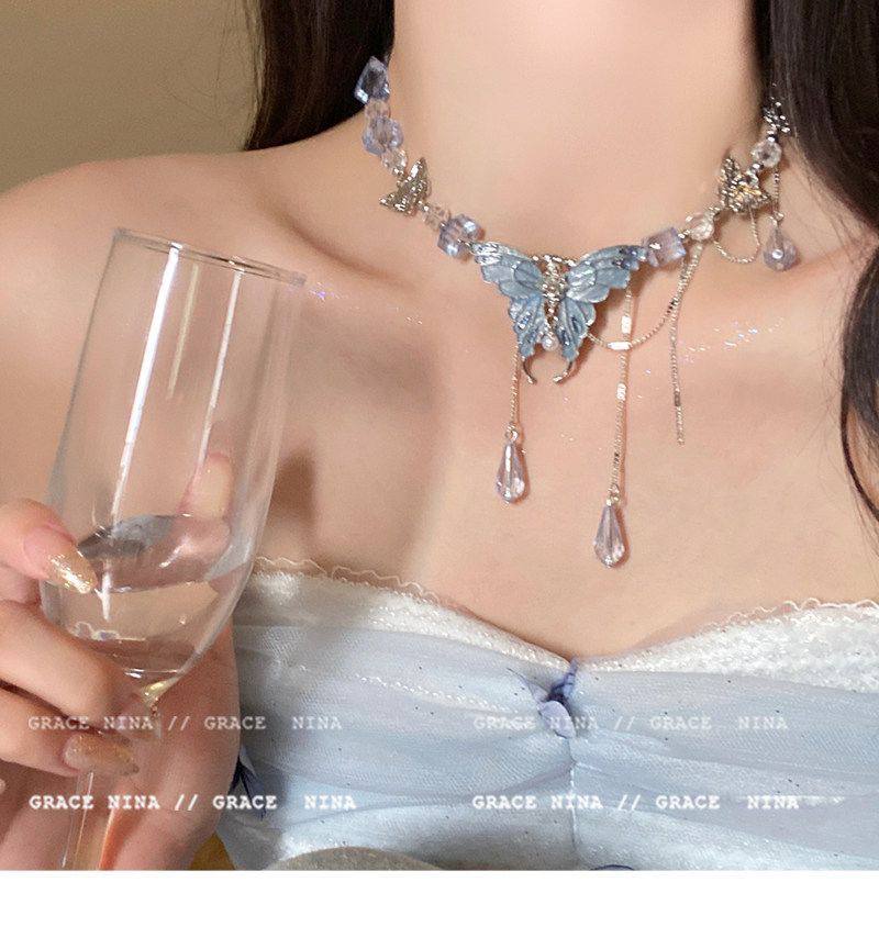 Sky Blue Glitter Butterfly Teardrop Crystal Tassel Necklace