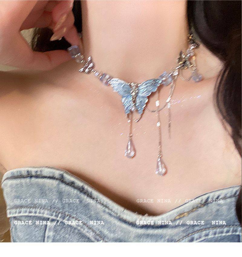 Sky Blue Glitter Butterfly Teardrop Crystal Tassel Necklace