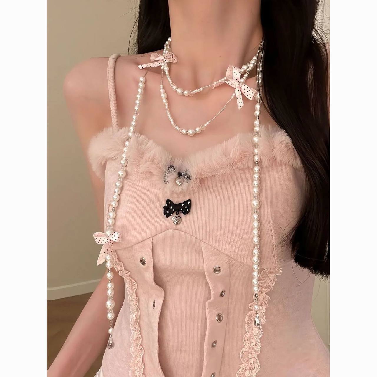 Soft Girly Pink Ribbon Bow Long Tassel Pearl Body Chain