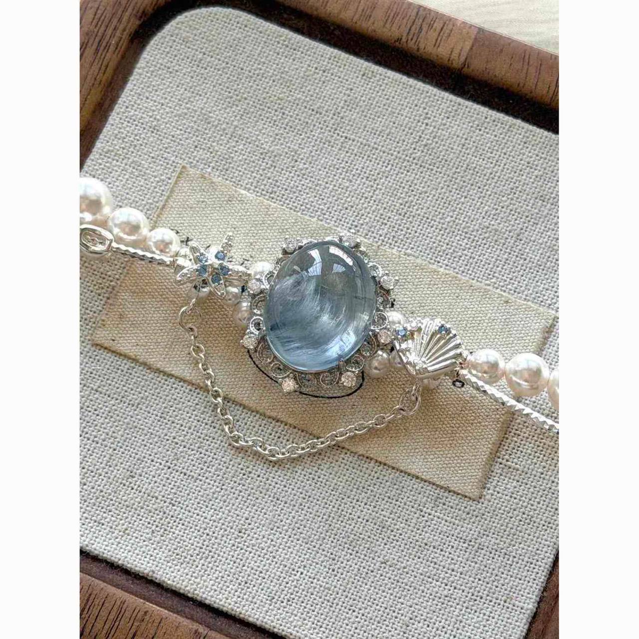Ocean Glow Sky Blue Gemstone Shell Accent Pearl Silver Bracelet