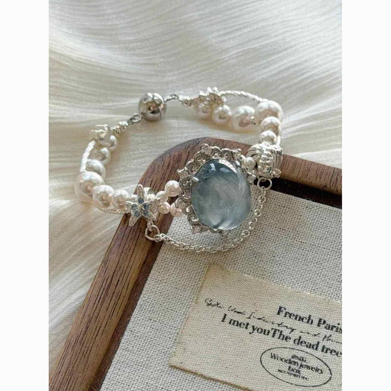 Ocean Glow Sky Blue Gemstone Shell Accent Pearl Silver Bracelet