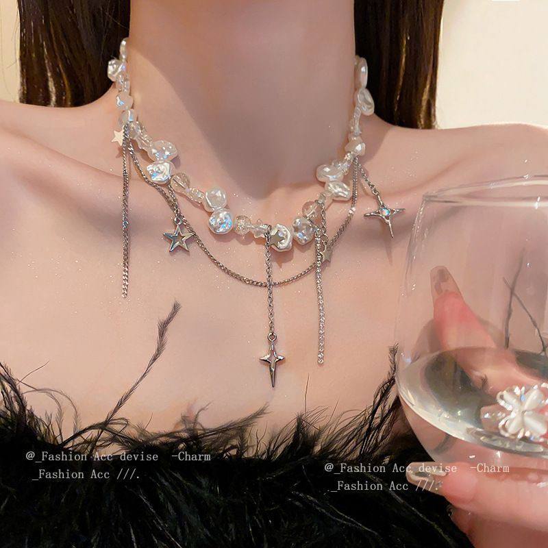 Y2K Silver Celestial Star Draped Baroque Pearl Choker Chain