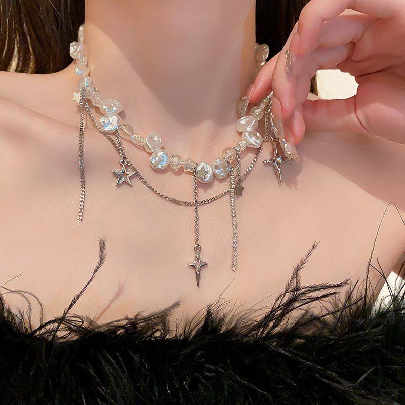 Y2K Silver Celestial Star Draped Baroque Pearl Choker Chain