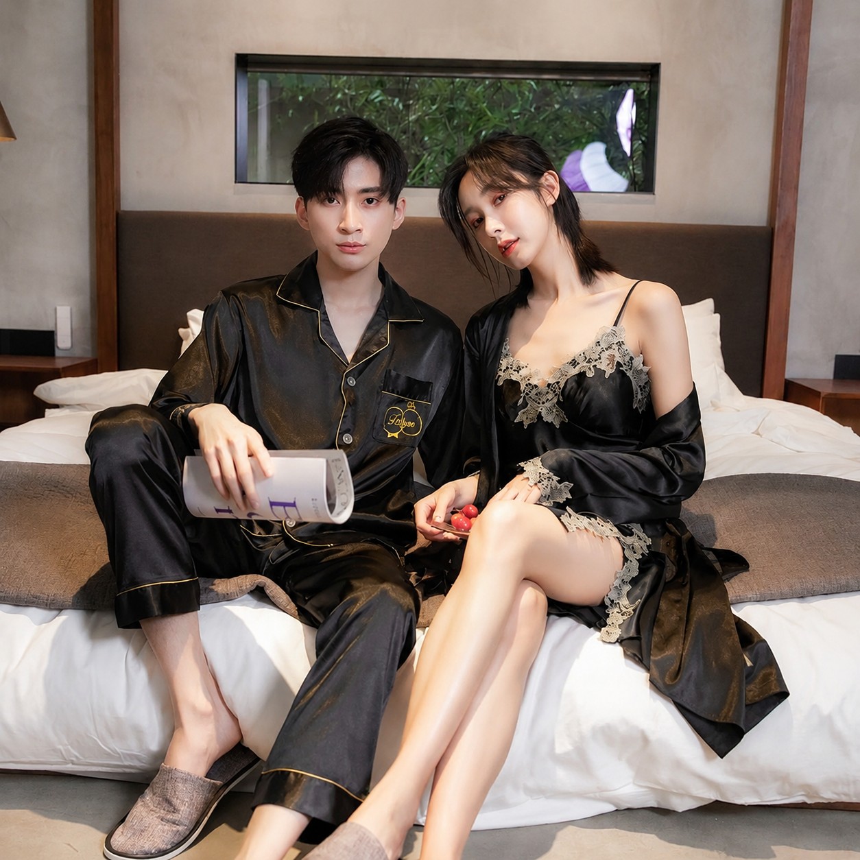 Glossy Ice Silk Men Shirt Pants + Women Lace Nightgown Robe Loungewear