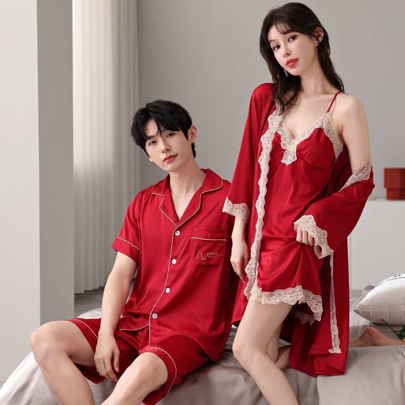 Romantic Honeymoon Black Satin Couple Matching Pajama Set