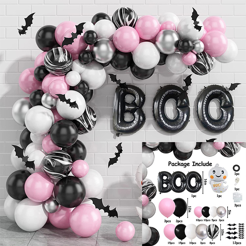 GAR-SET-078 | Black White Pink Silver Marble Ghost Foil Balloon Bat Stickers Garland Kit Wholesale | Halloween Series | Low MOQ