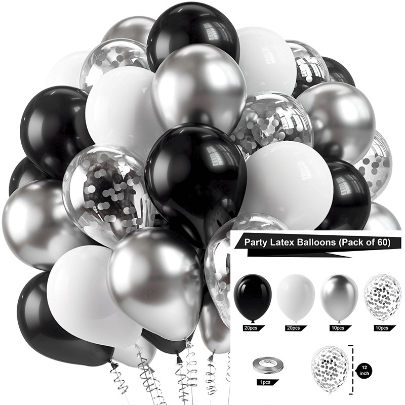 MIX-SET-021 | 12 Inch Pre-Mixed Black White Metallic Silver Silver Confetti Latex Balloon Packs Wholesale | All Occasion Series | Low MOQ
