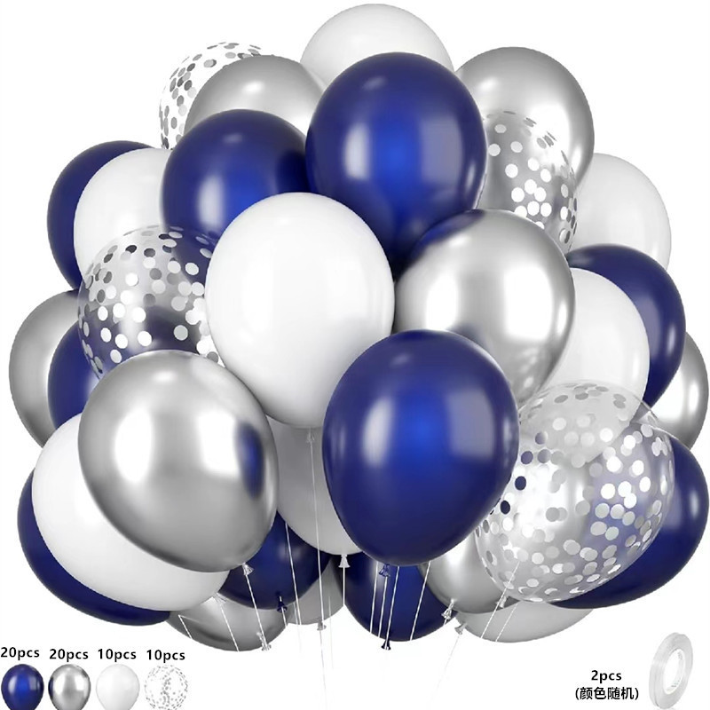 MIX-SET-015 | 12 Inch Pre-Mixed Navy Blue White Silver Confetti Latex Balloon Packs Wholesale | All Occasion Series | Low MOQ