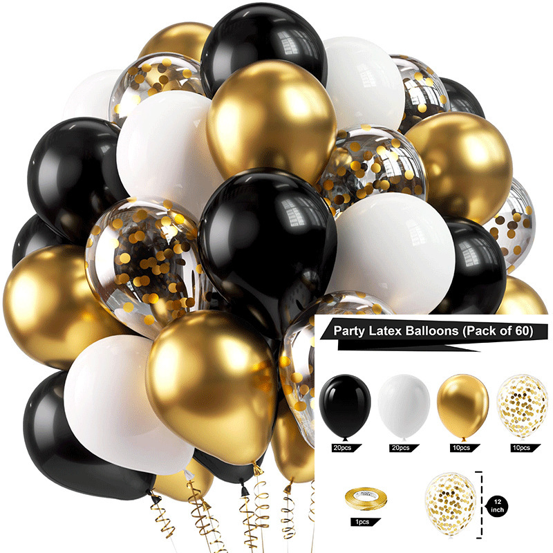 MIX-SET-020 | 12 Inch Pre-Mixed Metallic Black Gold White Confetti Latex Balloon Packs Wholesale | All Occasion Series | Low MOQ