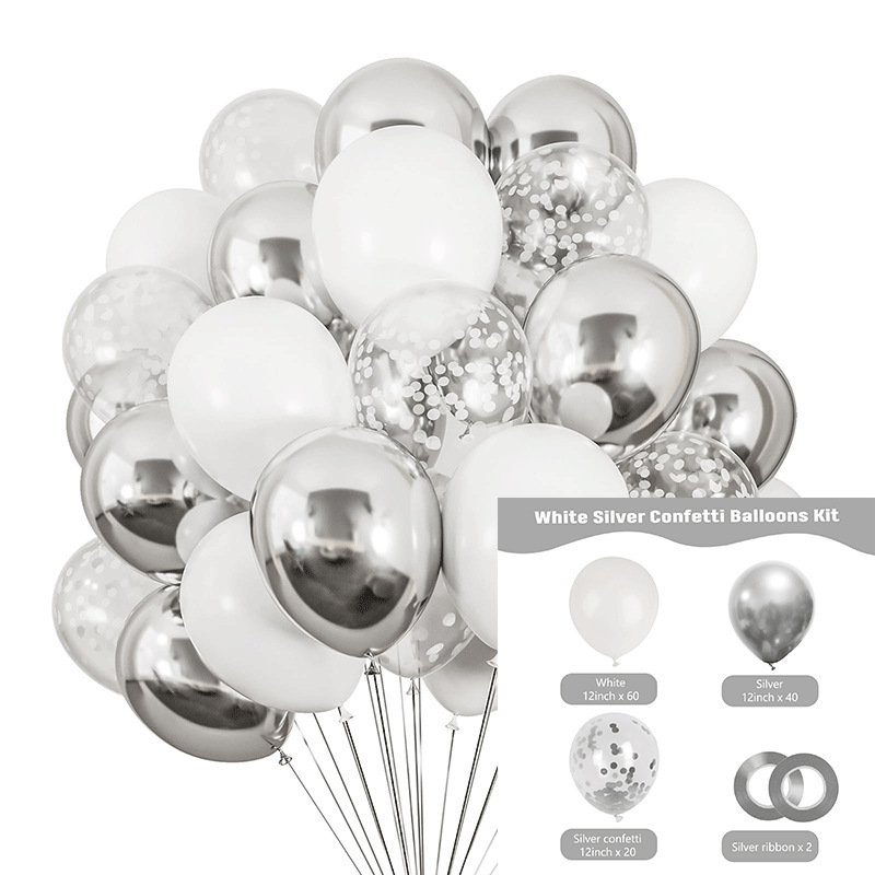 MIX-SET-036 | 12 Inch Pre-Mixed White Metallic Silver Silver Confetti Latex Balloon Packs Wholesale | All Occasion Series | Low MOQ