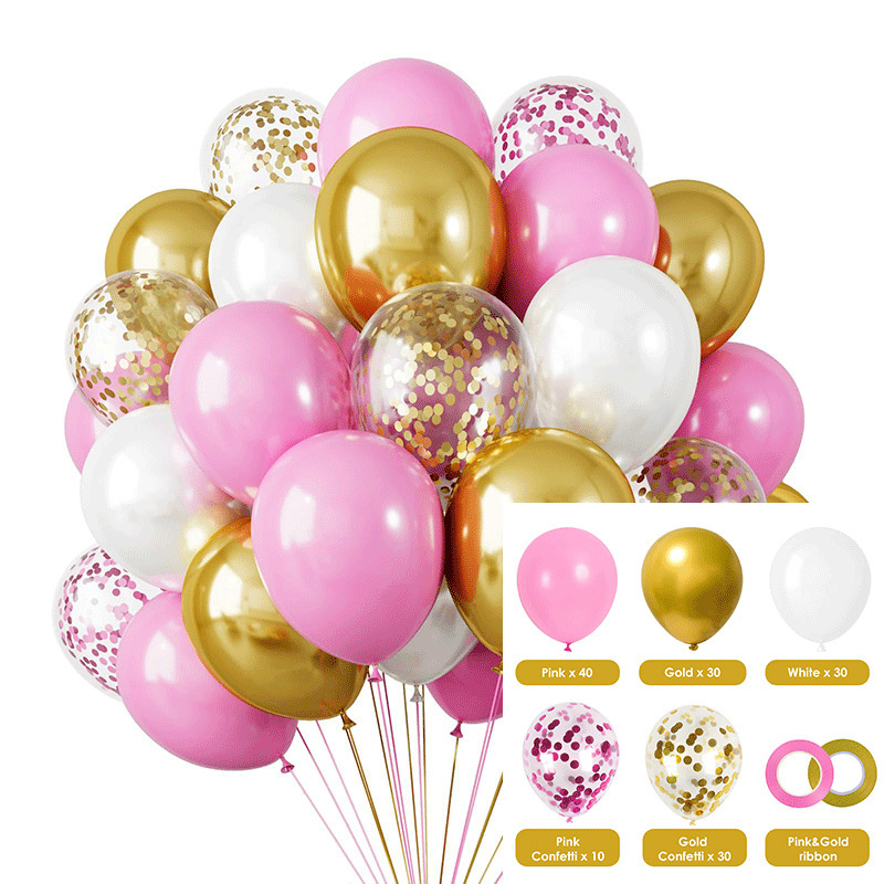 MIX-SET-032 | 12 Inch Pre-Mixed Pink White Metallic Gold Pink & Gold Confetti Latex Balloon Packs Wholesale | All Occasion Series | Low MOQ