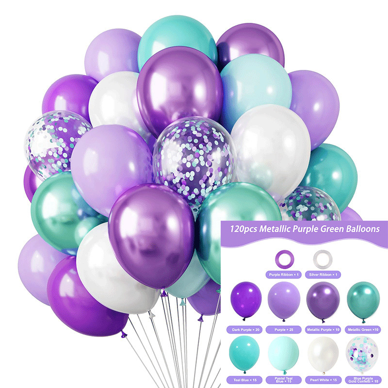 MIX-SET-039 | 12 Inch Pre-Mixed Dark Purple Teal Metallic Light Purple White Purple Green Confetti Latex Balloon Packs Wholesale | All Occasion Series | All Occasion Series | Low MOQ