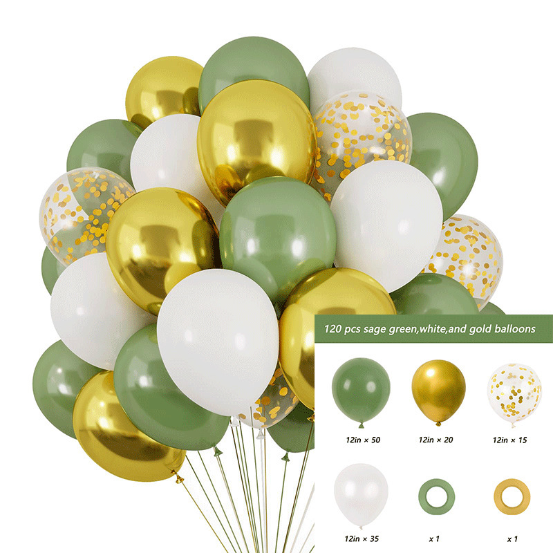 MIX-SET-033 | 12 Inch Pre-Mixed Sage Green White Metallic Gold Gold Confetti Latex Balloon Packs Wholesale | All Occasion Series | Low MOQ