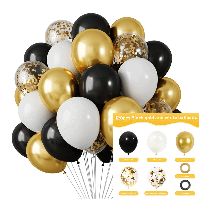 MIX-SET-043 | 12 Inch Pre-Mixed Black White Metallic Gold Black Gold Confetti Latex Balloon Packs Wholesale | All Occasion Series | All Occasion Series | Low MOQ